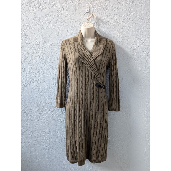 Calvin Klein Dresses & Skirts - Calvin Klein Cable Knit Sweater Dress Women S Taupe Brown Faux Leather Buckle